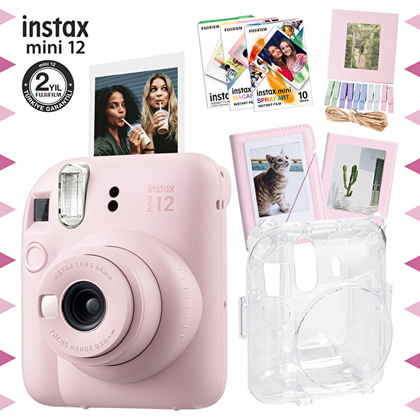 Instax Mini 12 Pembe Fotoğraf Makinesi 30'lu Film Albüm Mandal Çerçeve ve Kılıf Mega Set 2