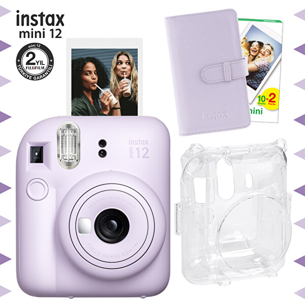 Instax Mini 12 Lila Fotoğraf Makinesi 20'lu Film Laporta Albüm Ve Şeffaf Kılıf Seti