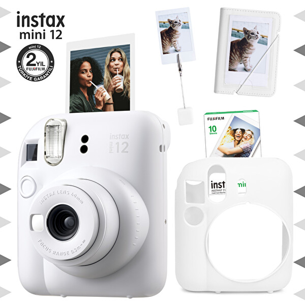 Fujifilm Instax Mini 12 Beyaz Fotoğraf Makinesi- 10'lu Film - Kıskaçlı Stand - Mini Albüm ve Silikon Kılıf Seti