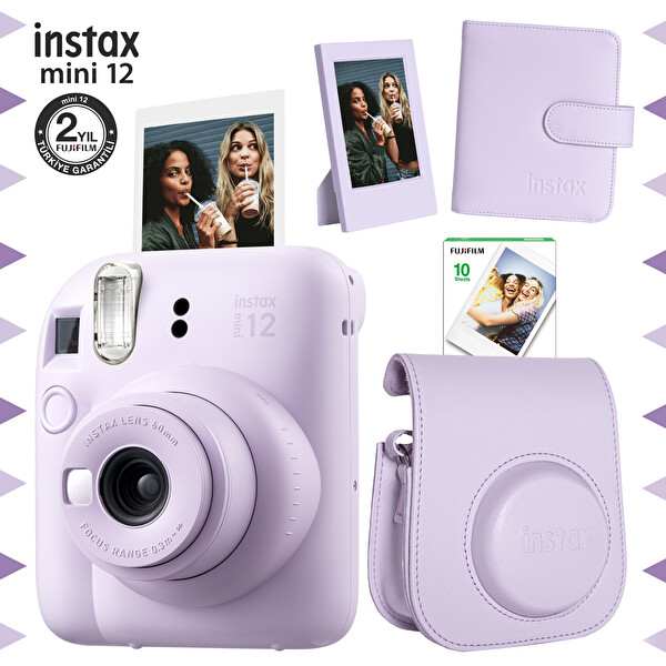 Fujifilm Instax Mini 12 Lila Fotoğraf Makinesi - 10'lu Film - Çerçeve - Kare Albüm ve Deri Kılıf Seti