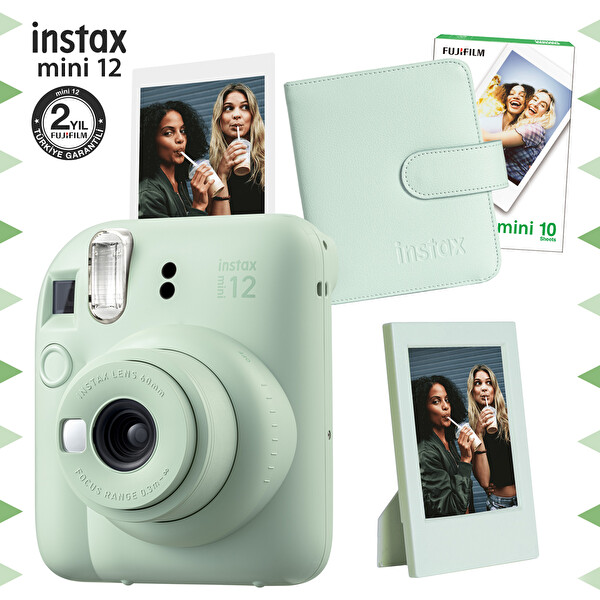 Fujifilm Instax Mini 12 Yeşil Fotoğraf Makinesi - 10'lu Film - Çerçeve ve Kare Albüm Seti