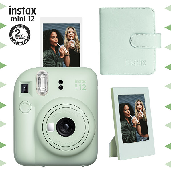 Fujifilm Instax Mini 12 Yeşil Fotoğraf Makinesi Çerçeve ve 64'lü Kare Albüm Seti