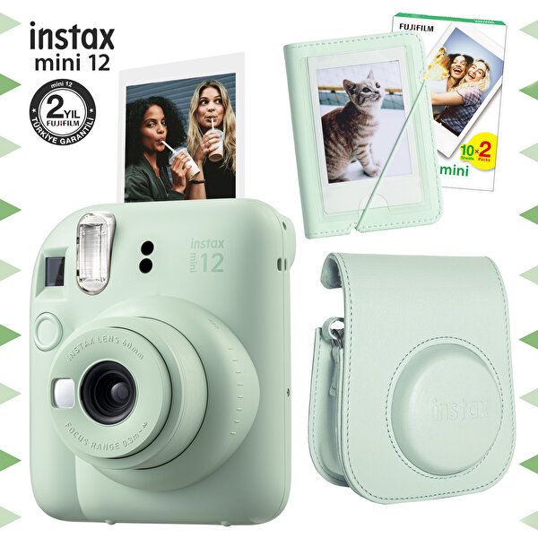 Fujifilm Instax Mini 12 Yeşil Fotoğraf Makinesi-20'lu Film-Mini Albüm ve Deri Kılıf Seti FOTSI197-S4-20-MA-DK