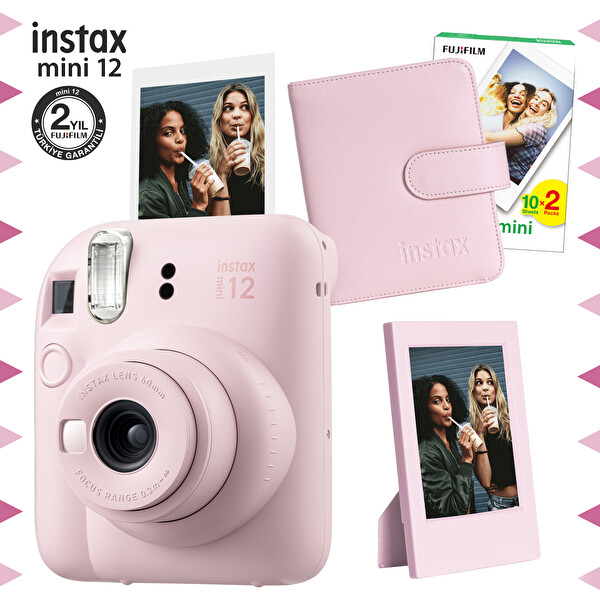Fujifilm Instax Mini 12 Pembe Fotoğraf Makinesi-20'li Film-Çerçeve ve Kare Albüm Seti