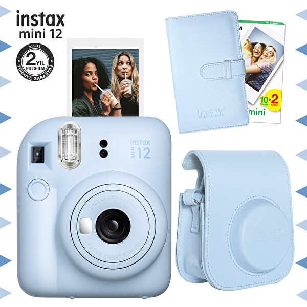Fujifilm Instax Mini 12 Mavi Fotoğraf Makinesi-20'li Film-Laporta Albüm ve Deri Kılıf Seti