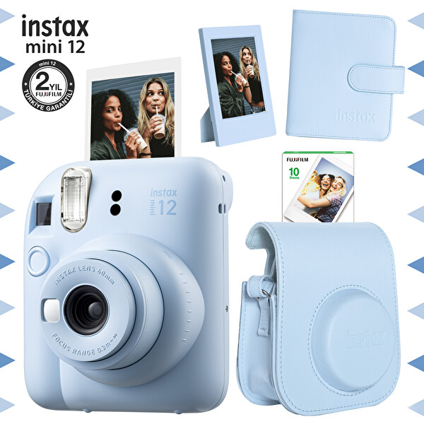 Instax Mini 12 Mavi Şipşak Fotoğraf Makinesi - 10'lu Film Çerçeve Kare Albüm ve Deri Kılıf Seti