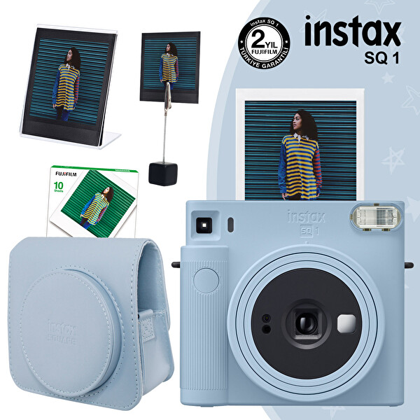 Instax SQ1 Buz Mavi Fotoğraf Makinesi 10'lu Kare Film Deri Kılıf Pleksi Çerçeve ve Kıskaçlı Stand