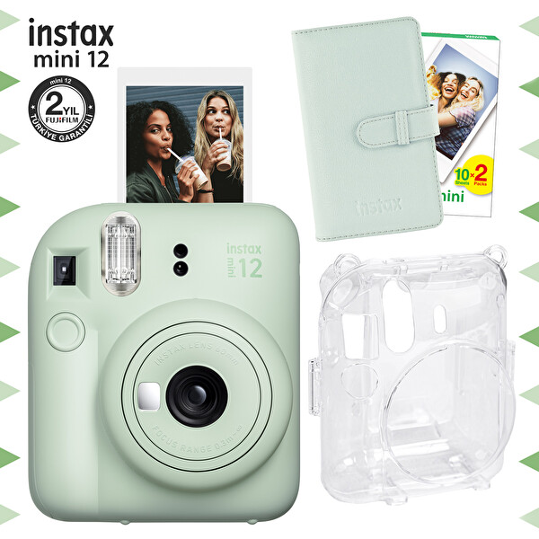 Fujifilm Instax Mini 12 Yeşil Şipşak Fotoğraf Makinesi-20'lu Film-Laporta Albüm ve Şeffaf Kılıf Seti