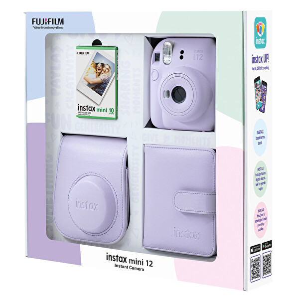 Fujifilm Instax Mini 12 Lila Fotoğraf Makinesi - 10'lu Film Kare Albüm ve Deri Kılıf Bundle Box