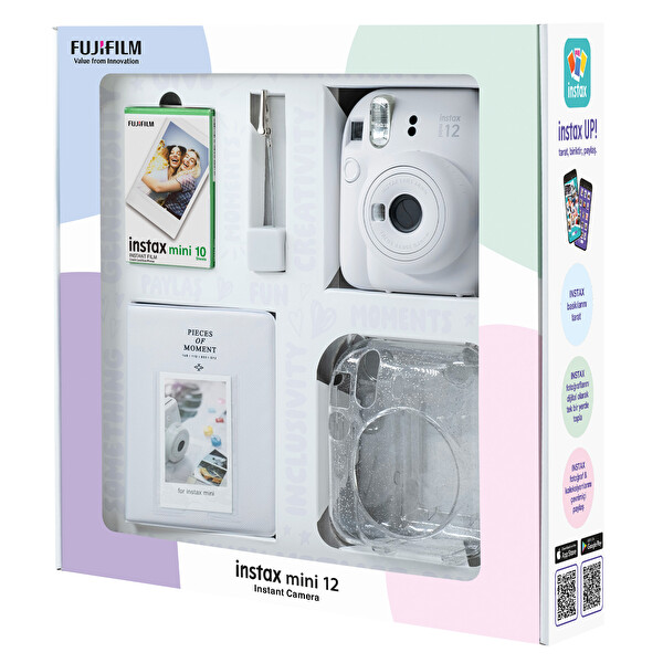 Fujifilm Instax Mini 12 Beyaz Fotoğraf Makinesi - 10'lu Film - Simli Pleksi Kılıf - PVC Albüm ve Kıskaçlı Resim Standı Bundle Box