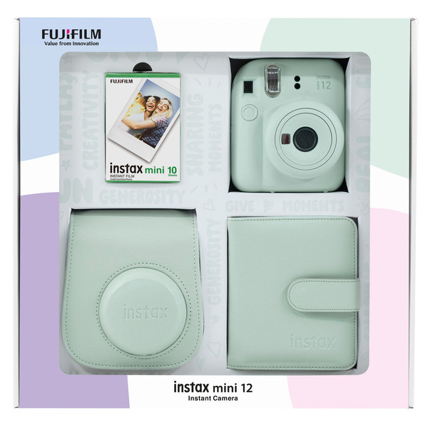 Fujifilm Instax Mini 12 Yeşil Fotoğraf Makinesi - 10'lu Film - Kare Albüm ve Deri Kılıf Bundle Box