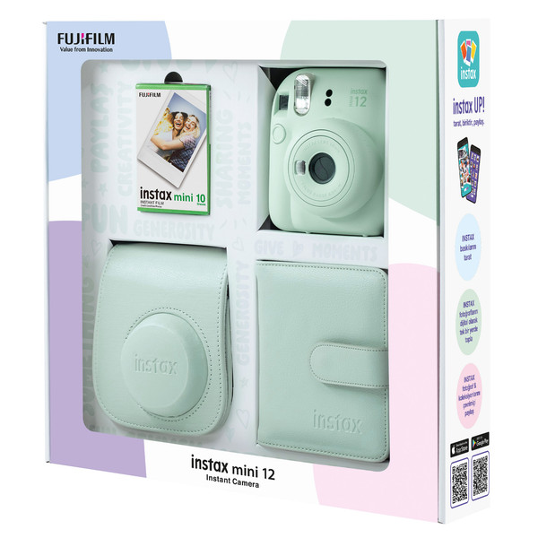 Fujifilm Instax Mini 12 Yeşil Fotoğraf Makinesi - 10'lu Film - Kare Albüm ve Deri Kılıf Bundle Box