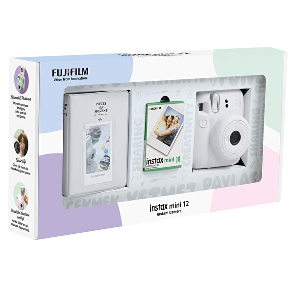 Fujifilm Instax Mini 12 Beyaz Fotoğraf Makinesi - 10'lu Film ve PVC Albüm Bundle Box