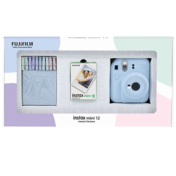 Fujifilm Instax Mini 12 Mavi Fotoğraf Makinesi - 10'lu Film ve Mandal Bundle Box