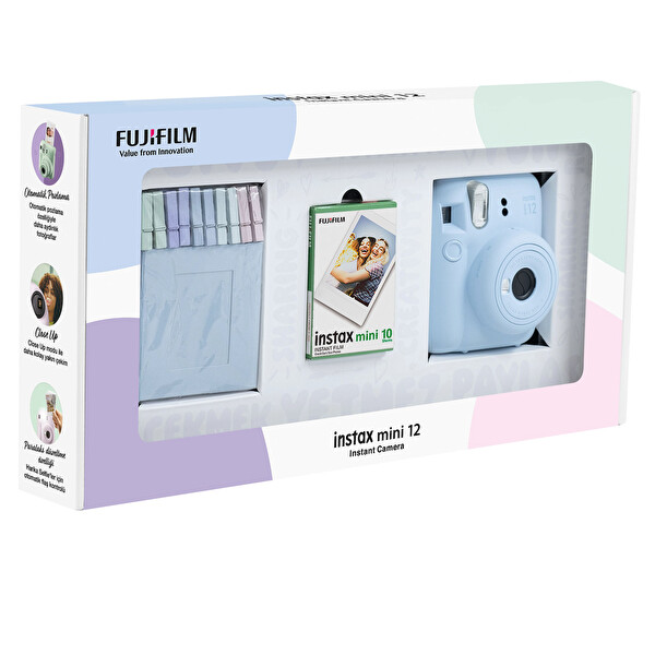 Fujifilm Instax Mini 12 Mavi Fotoğraf Makinesi - 10'lu Film ve Mandal Bundle Box