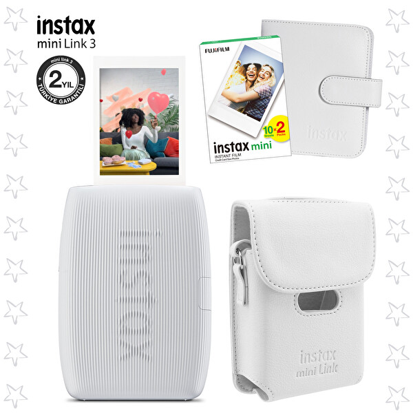 Fujifilm Instax Mini Link 3 Beyaz Akıllı Telefon Yazıcısı Beyaz Çanta Deri Albüm ve 20'li Mini Film