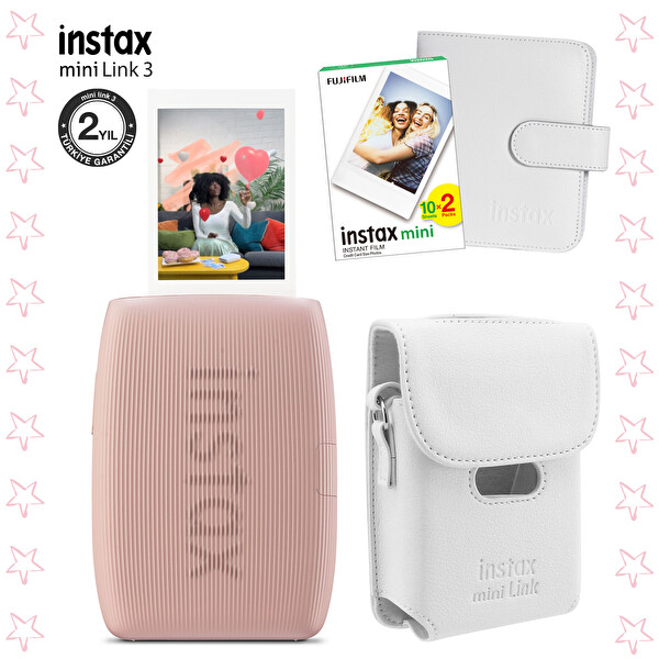 Fujifilm Instax Mini Link 3 Pembe Akıllı Telefon Yazıcısı Beyaz Çanta Deri Albüm ve 20'li Mini Film