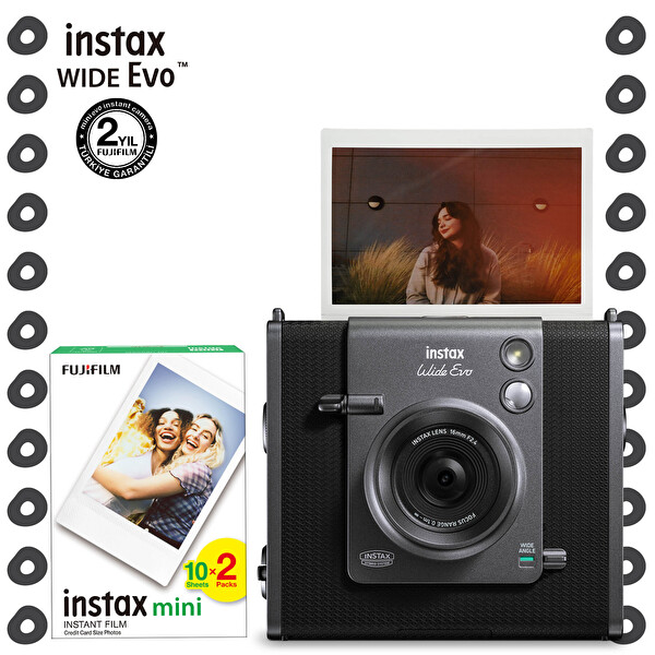 Fujifilm Instax Wide Evo Siyah Şipşak Anında Baskı Hybrid Fotoğraf Makinesi ve 20'li Film
