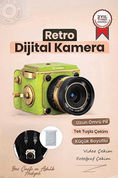 Torima CMR48 Vintage Dijital Kamera Selfie Video Vlog Kamerası Fotoğraf Makinesi Açık Yeşil