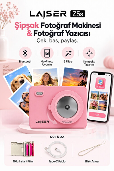 Laiser Z5S Instant Kamera ve Fotoğraf Yazıcısı - Şipşak Fotoğraf Makinesi Pembe