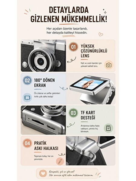 Konsolplus Mini Retro Dijital Kamera 1080P HD Video Fotoğraf Makinesi 180 Derece Dönen Selfie Ekranlı Kahverengi