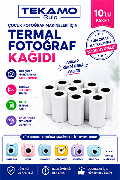 Tekamo Çocuk Fotoğraf Makinesi Kağıdı Tüm Mini Cihazlara Uyumlu 10 Adet