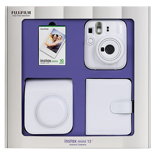 Fujifilm Instax Mini 13 Beyaz Fotoğraf Makinesi 10'lu Film Kare Albüm ve Deri Kılıf