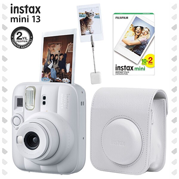 Fujifilm Instax Mini 13 Kil Beyazı Fotoğraf Makinesi Deri Çanta Kıskaç ve 20'li Film Hediye Seti
