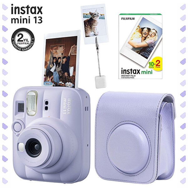 Fujifilm Instax Mini 13 Büyüleyici Mor Fotoğraf Makinesi Deri Çanta Kıskaç ve 20'li Film Hediye Seti