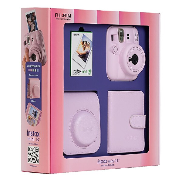 Fujifilm Instax Mini 13 Pembe Fotoğraf Makinesi 10'lu Film Kare Albüm ve Deri Kılıf Bundle Box