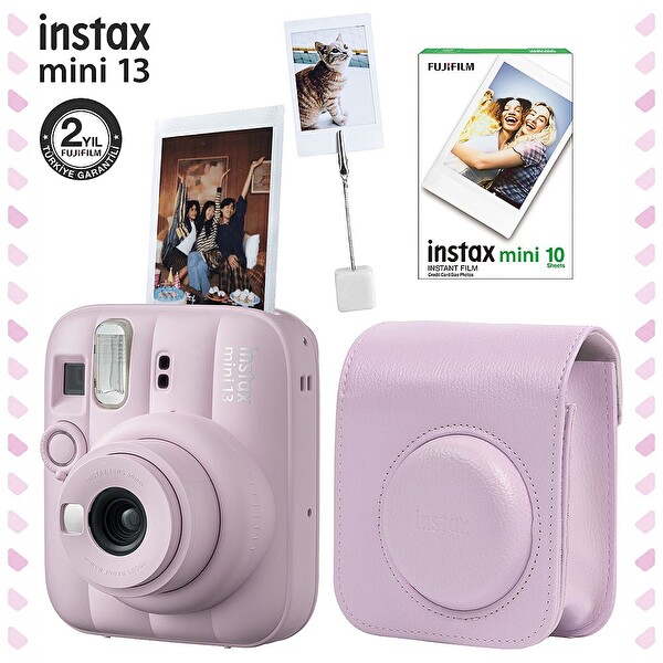 Fujifilm Instax Mini 13 Candy Pink Fotoğraf Makinesi Deri Çanta Kıskaç ve 10'lu Film Hediye Seti