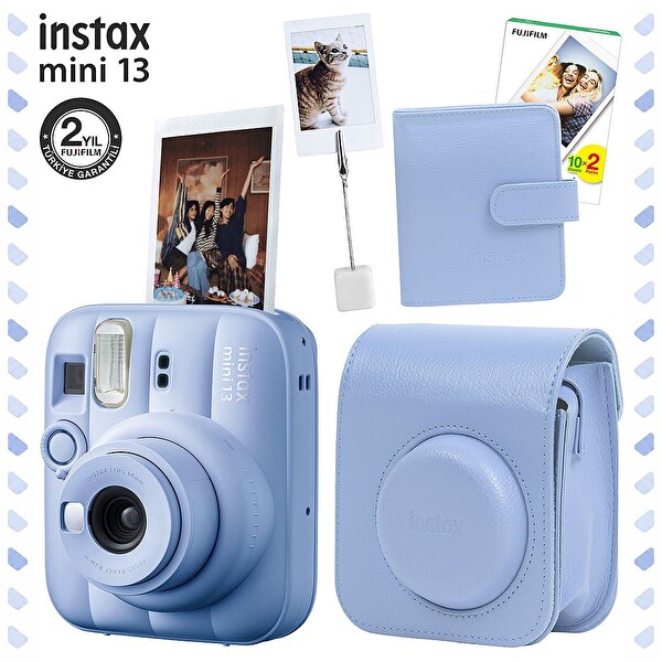 Fujifilm Instax Mini 13 Buz Mavisi Fotoğraf Makinesi Deri Çanta Albüm Kıskaç ve 20'li Film Hediye Seti