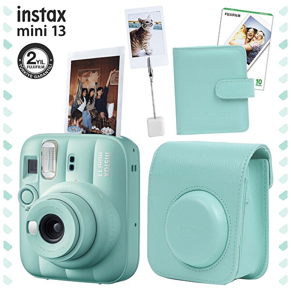 Fujifilm Instax Mini 13 Lagün Yeşili Fotoğraf Makinesi Deri Çanta Albüm Kıskaç ve 10'lu Film Hediye Seti