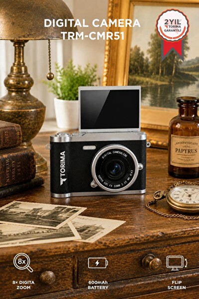 Torima CMR51 Mini Dijital Retro Kamera 48MP 8X Zoom Flip Ekranlı Selfie Video Vlog Kamerası Siyah