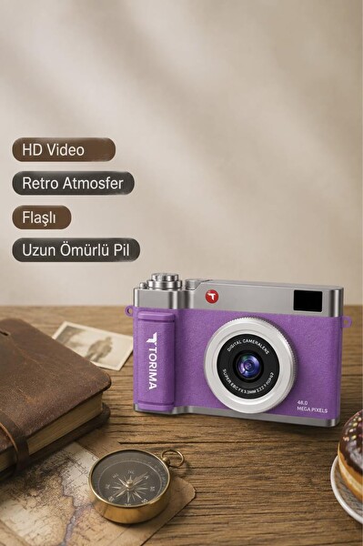 Torima CMR50 Mini Dijital Retro Kamera 48MP Selfie Video Vlog Kamerası Mor