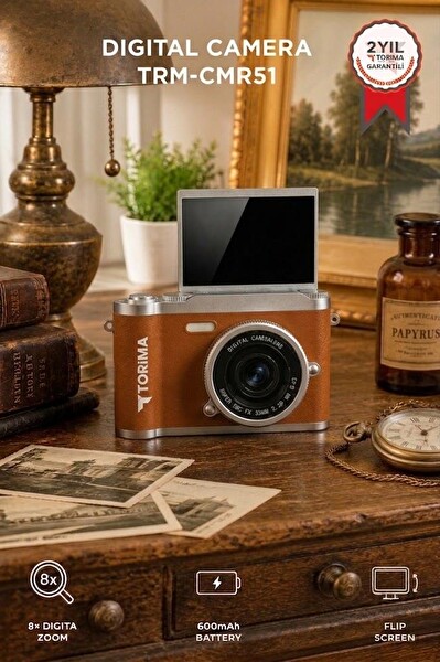 Torima CMR51 Mini Dijital Retro Kamera 48MP 8X Zoom Flip Ekranlı Selfie Video Vlog Kamerası Kahverengi