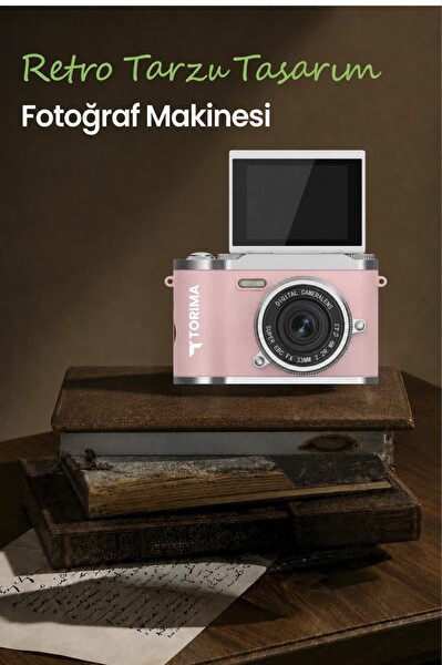 Torima CMR51 Mini Dijital Retro Kamera 48MP 8X Zoom Flip Ekranlı Selfie Video Vlog Kamerası Pembe