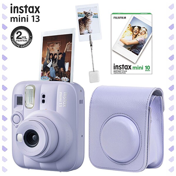 Fujifilm Instax Mini 13 Büyüleyici Mor Fotoğraf Makinesi Deri Çanta Kıskaç ve 10'lu Film Hediye Seti