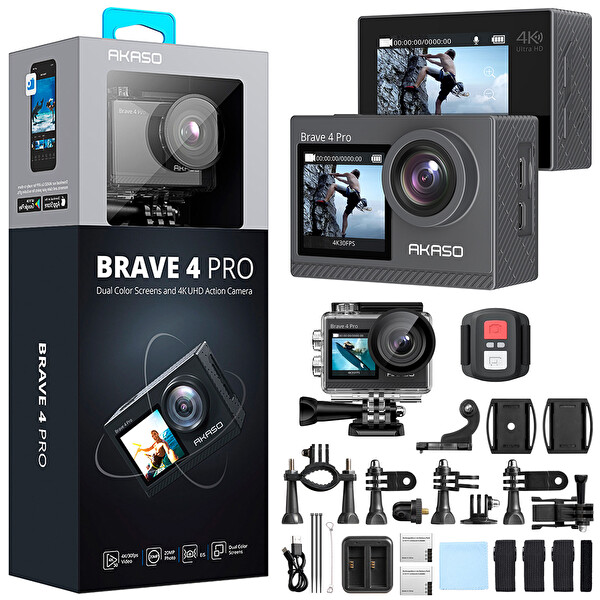 Akaso Brave 4 Pro Dual Screens 4K 30Fps Wi-Fi Aksiyon Kamera ve Aksesuar Seti
