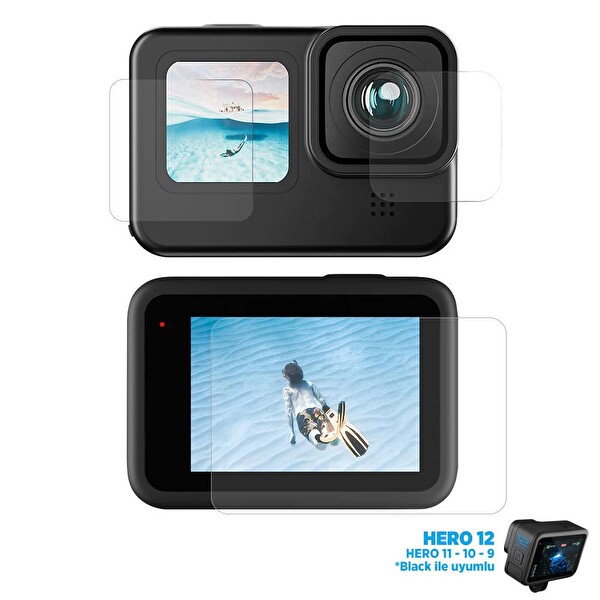 Telesin GoPro Hero12 Black/Hero11/Hero10 / Hero9 Uyumlu Ön Ekran+Arka Ekran+Lens Temperli Kırılmaz Cam Filmi