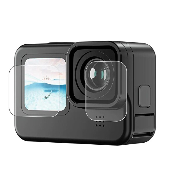 Telesin GoPro Hero12 Black/Hero11/Hero10 / Hero9 Uyumlu Ön Ekran+Arka Ekran+Lens Temperli Kırılmaz Cam Filmi
