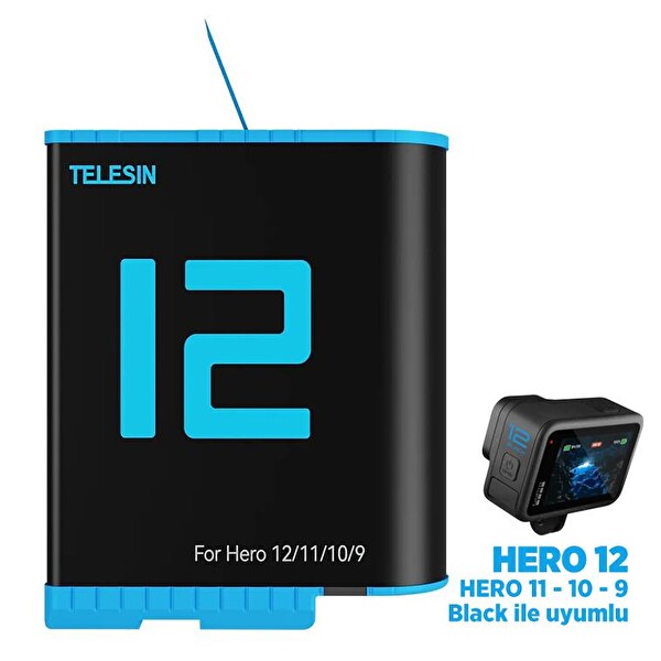 Telesin GoPro Şarj Edilebilir Yedek Batarya Hızlı Şarj 1750 mAh Mavi (Hero12-Hero11-Hero10-Hero9 Black)