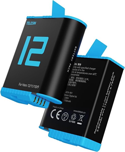 Telesin GoPro Şarj Edilebilir Yedek Batarya Hızlı Şarj 1750 mAh Mavi (Hero12-Hero11-Hero10-Hero9 Black)