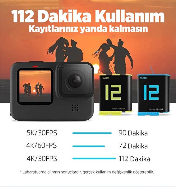 Telesin GoPro Şarj Edilebilir Yedek Batarya Hızlı Şarj 1750 mAh Mavi (Hero12-Hero11-Hero10-Hero9 Black)