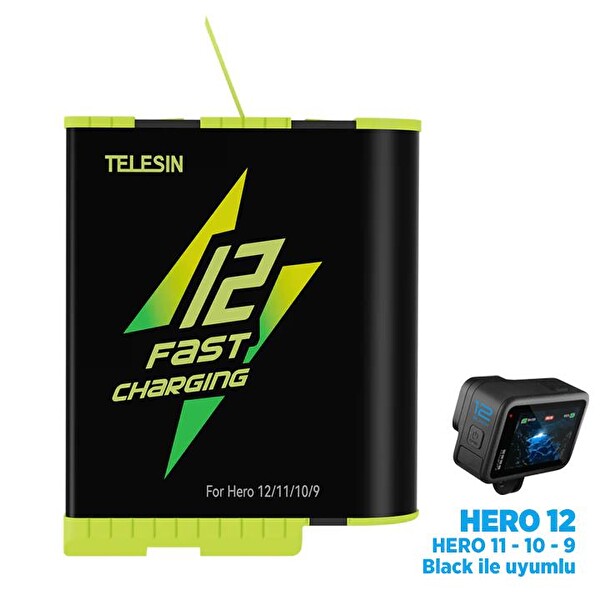 Telesin GoPro Şarj Edilebilir Yedek Batarya Fast Charging 1750 mAh (Hero12-Hero11-Hero10-Hero9 Black)