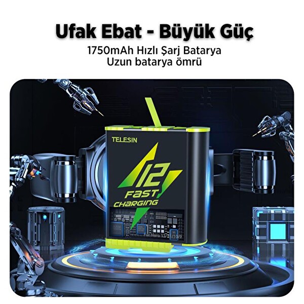 Telesin GoPro Şarj Edilebilir Yedek Batarya Fast Charging 1750 mAh (Hero12-Hero11-Hero10-Hero9 Black)