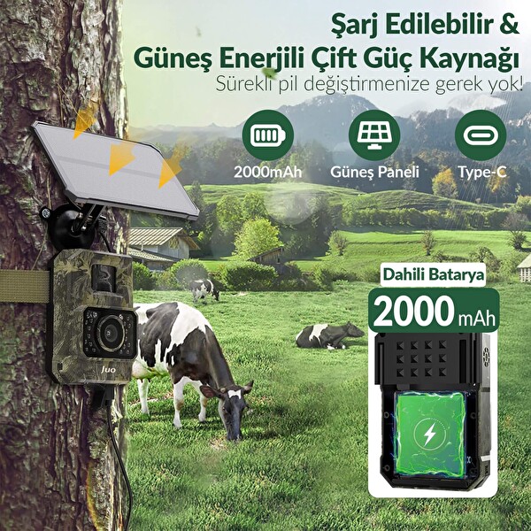 Juo 850WS Güneş Enerjili Fotokapan 48 MP Full HD WiFi Hareket Sensörlü Gece Görüşlü IP66 Su Geçirmez