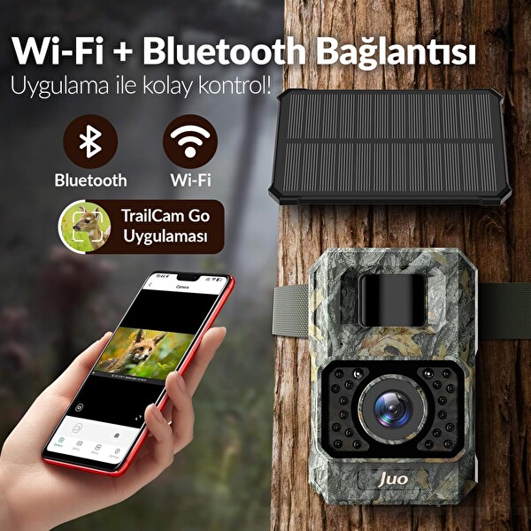 Juo 850WS Güneş Enerjili Fotokapan 48 MP Full HD WiFi Hareket Sensörlü Gece Görüşlü IP66 Su Geçirmez