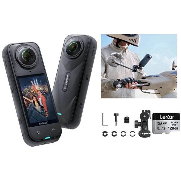 Insta360 X5 8K 360 Aksiyon Kamerası - Motosiklet Ayna Montaj Kiti Ve 128 GB Hafıza Kartlı Set