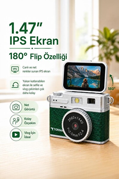 Mini Dijital Kamera 2K Flip Ekranlı Selfie Video Vlog Kamerası CMR49 Koyu Yeşil